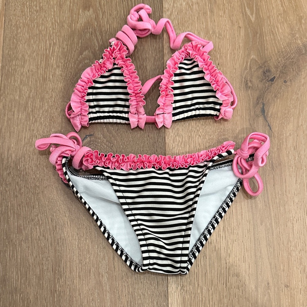 Pink and Black Striped Kids Bikini